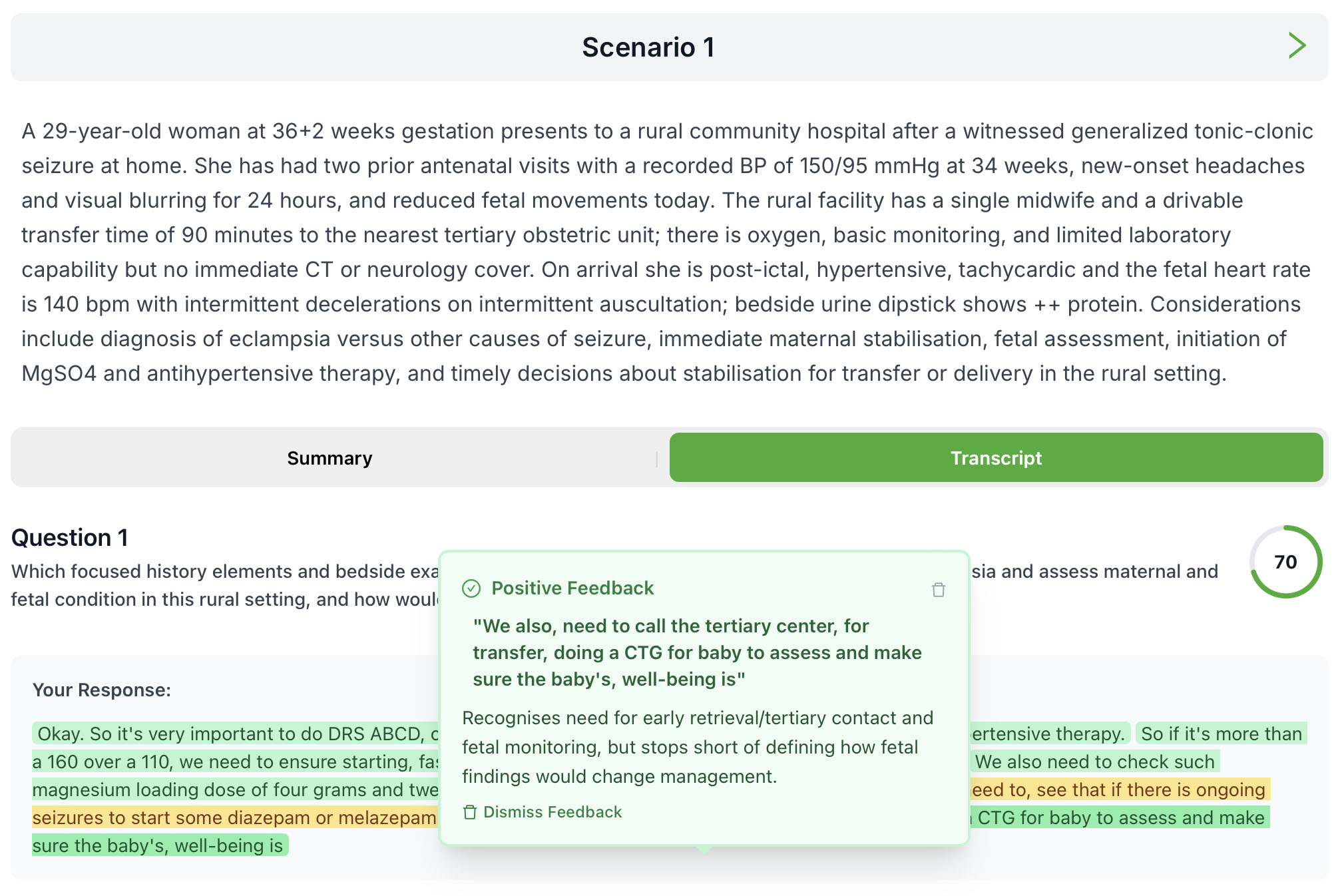 Word-by-word transcription analysis and feedback from a simulated OSCE session