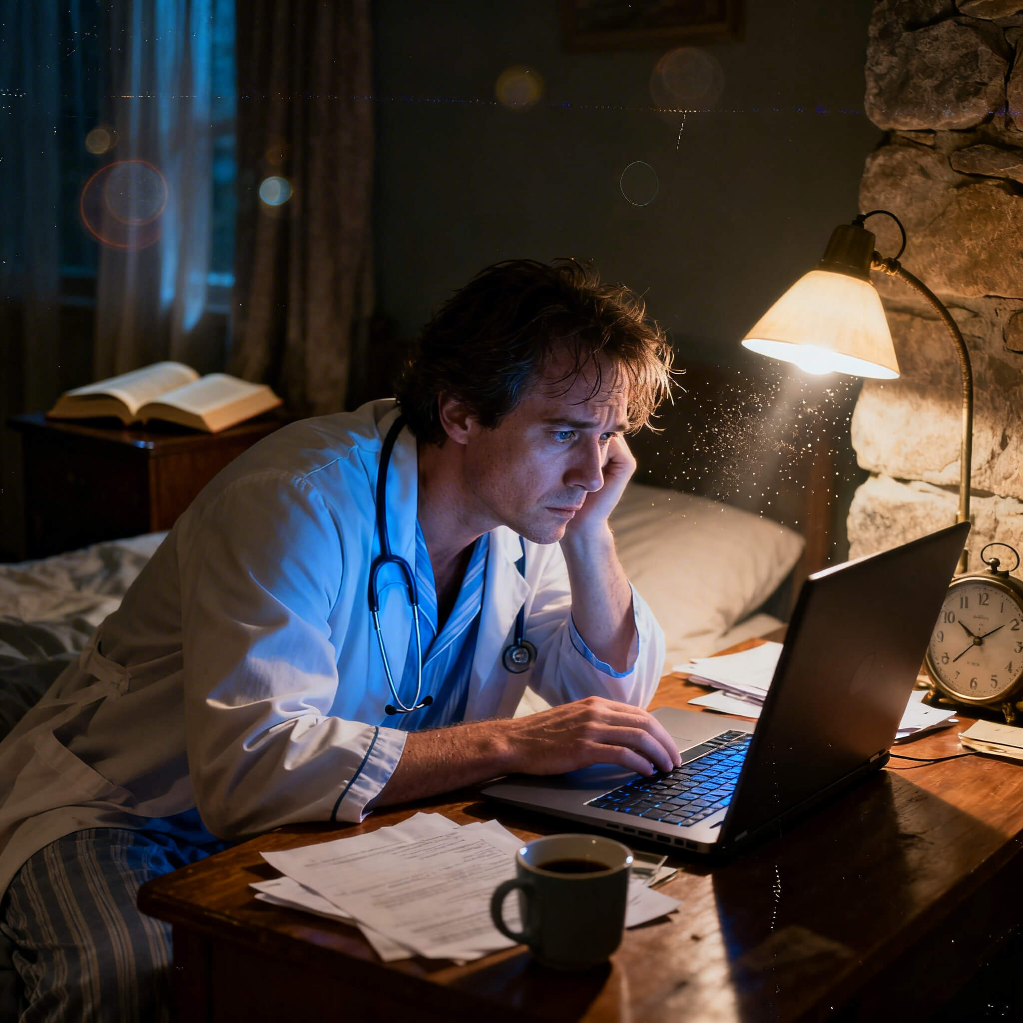 Doctor doing late-night documentation at home